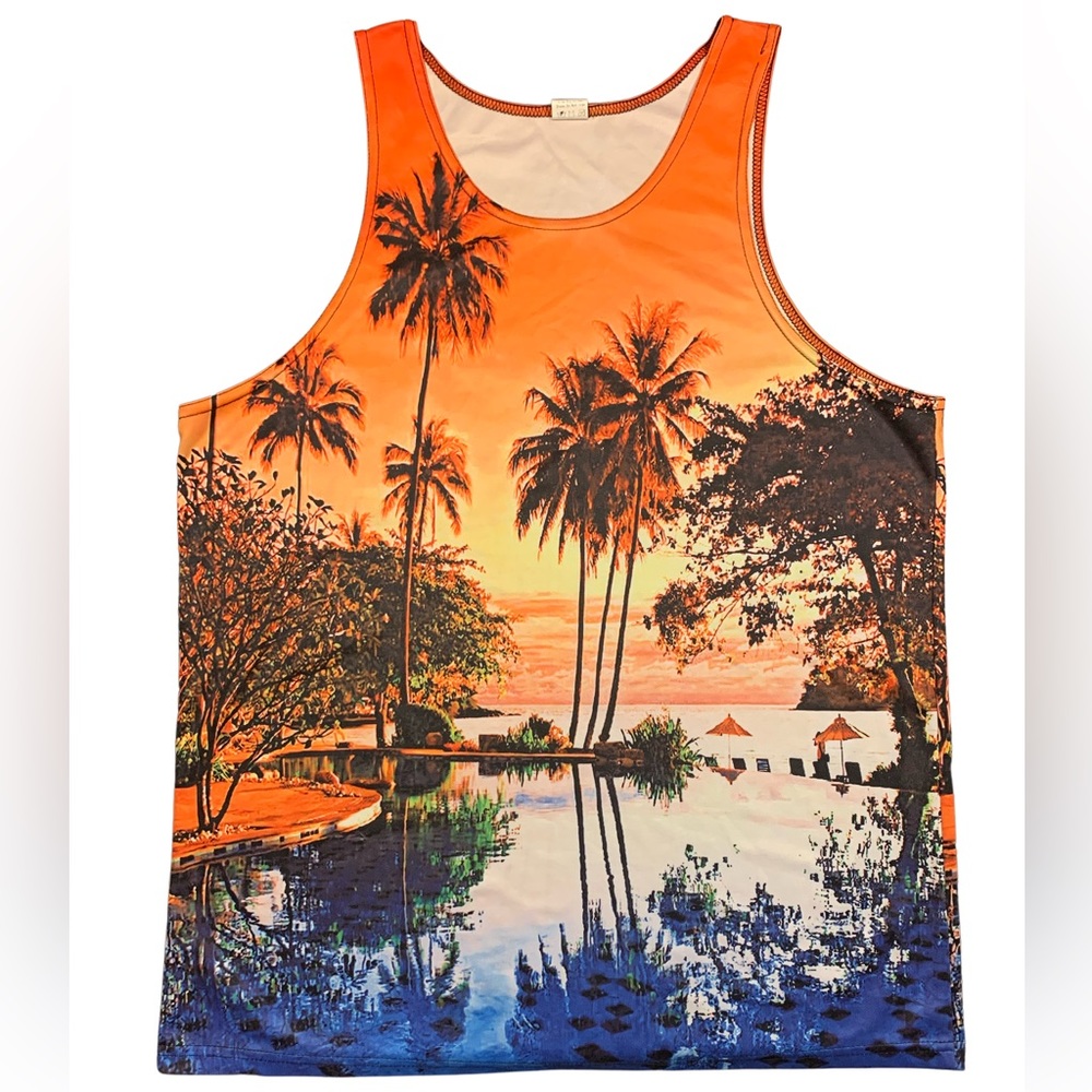 D&F Clothing Sunset Palm Tree Funny Tank Top - Size: Men’s Large
